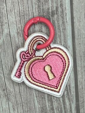 NEW Pink Heart Embroidered Patch Bag Charm Lock & Key Love Cute Girly Pink Cream
